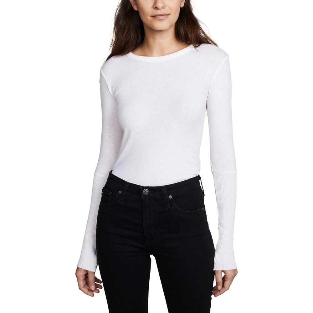 ENZA COSTA Cashmere Cuffed Crew Top Womens Medium Natural Cream Quite Luxury NEW